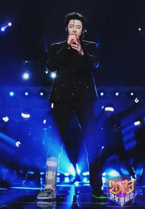 刘宇宁当天一身古装很是惊艳,打着石膏的脚就像站桩一样站在舞台上,与