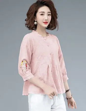 妈妈穿的中年妇女亚麻衬衣棉麻上衣女大码宽松显瘦七分袖荷叶领刺绣