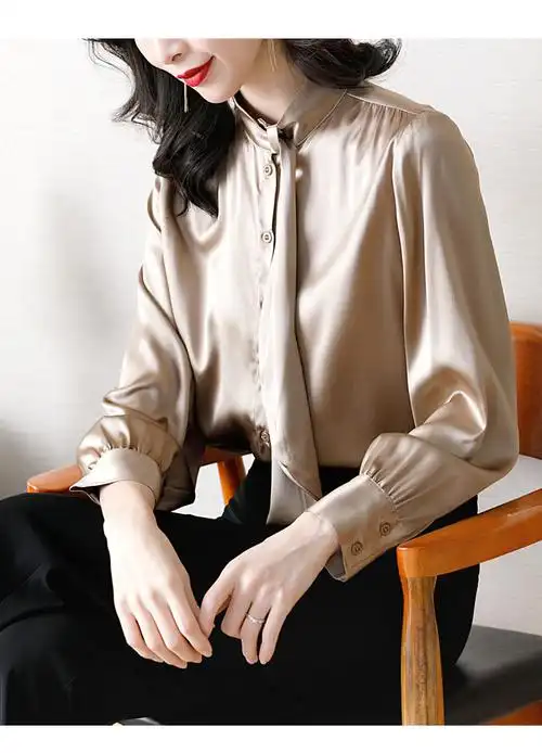 垂感缎面真丝衬衫女2020春季新款职业风ol领带桑蚕丝上衣衬衣 咖色 m