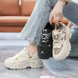 ecco同款网布运动鞋ins超火厚底鞋老爹鞋学生潮鞋米色35