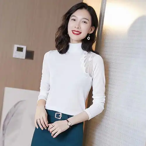 2020春秋款立领蕾丝打底衫女长袖内搭加绒莫代尔t恤上衣镂空小衫