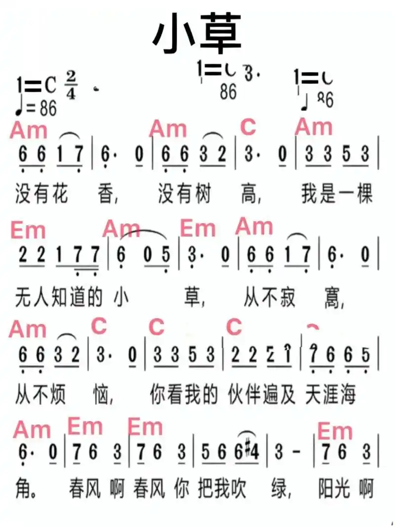 小草 简谱(已搭配左手和弦)	 余生,像小草一样活着,随处发芽,坚韧不拔