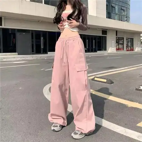 粉色阔腿休闲裤女夏季薄款美式高街工装甜辣jazz爵士裤子小个子 - 17