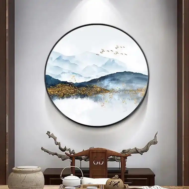 手绘山水油画入户玄关装饰画圆形客厅办公室禅意书房过道走廊挂画