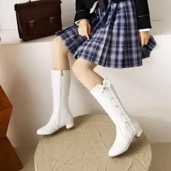 女童长靴子秋冬儿童公主靴加绒蝴蝶结高筒靴白色中大童表演出单靴白色