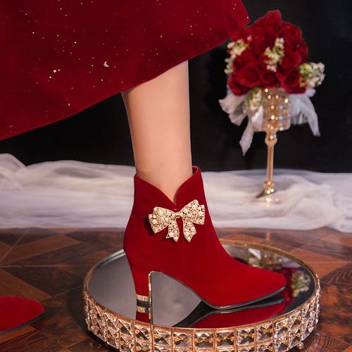 中式婚礼婚鞋禾秀两穿红色高跟鞋气质新娘婚宴敬酒鞋冬季结婚靴子
