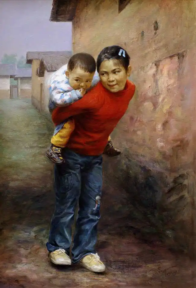 《姐弟情》130x90cm 2009.5《童趣-小哥俩》76x102cm 2015.