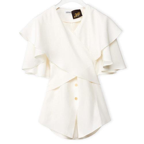 【包税】loewe/罗意威 21年春夏新款 女士白色真丝荷叶袖上衣s616y06x