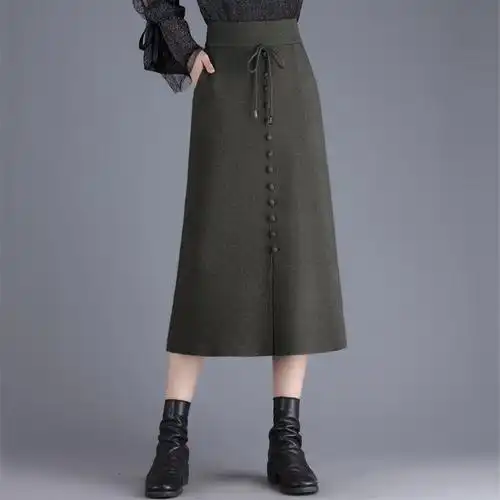 毛线针织半身裙女秋冬季2023新款高腰包臀裙中长款直筒开叉一步裙