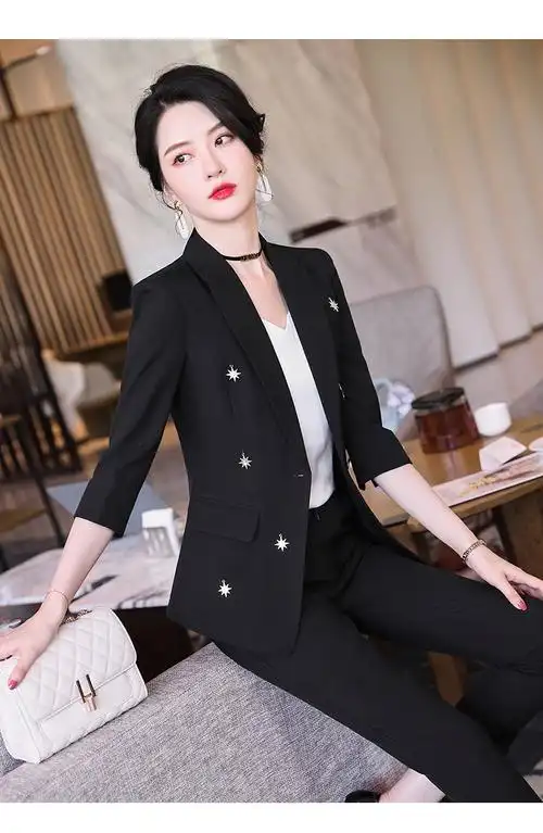 卡漫森西装套装女2022春季时尚新款中袖休闲职业工装西服韩版修身英伦