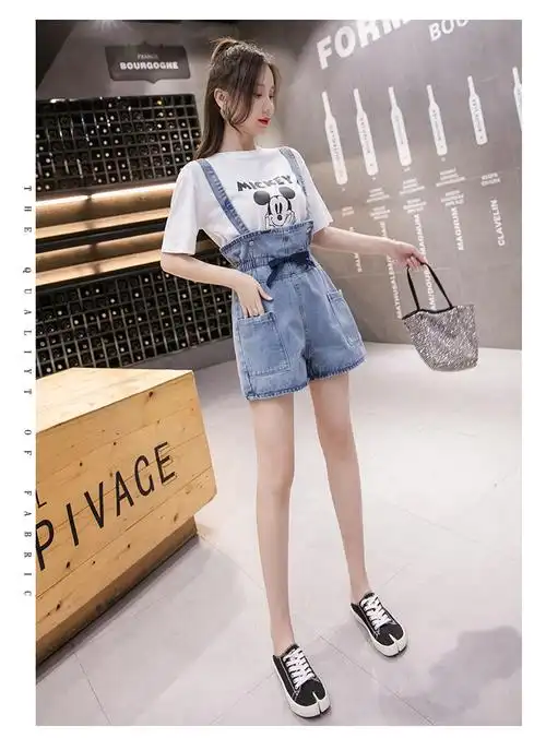 2024大码新款宽松舒适牛仔背带裤俏皮可爱学生牛仔吊带短裤 - 17网