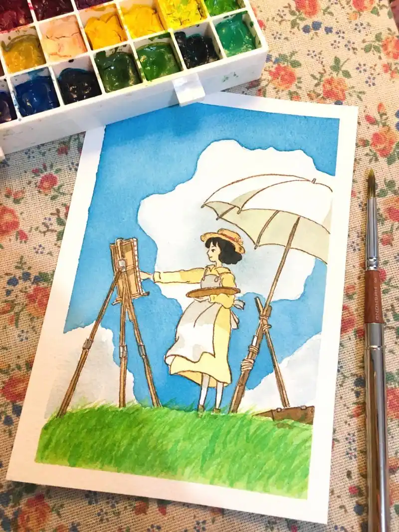 抓着她陪我画画 绝对不准睡觉  #宫崎骏水彩 水彩画教程 水彩画 线稿