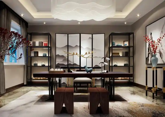 豪华中式设计书房效果图