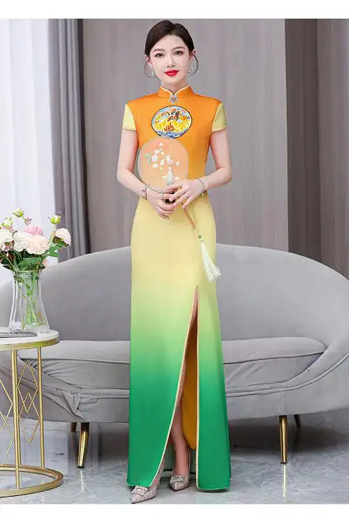 高端走秀旗袍演出服女长款鱼尾开叉优雅中国风模特团体舞台表演