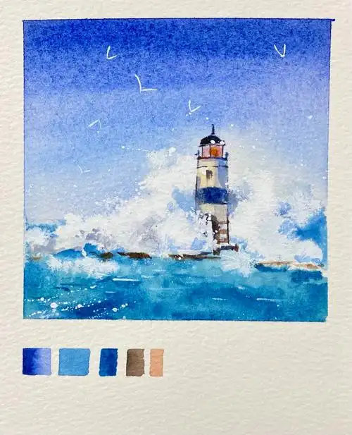 水彩风景简单清新的大海气息入门图文教程