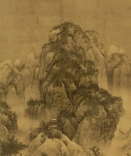 范宽《雪景寒林图》细节欣赏笔墨浓重润泽,皴擦多于渲染,层次分明而