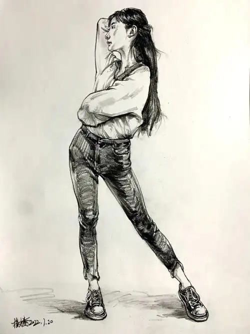 人物速写摆拍照片女青年速写场景素材