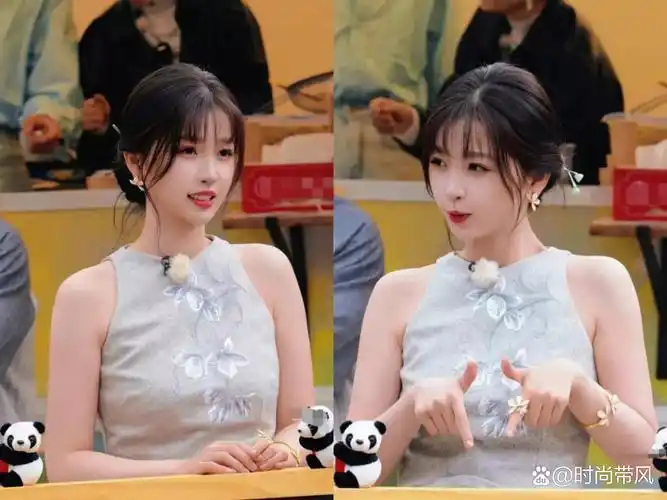 动态连更挑战# 虞书欣穿新中式灰色改良长裙,梳韩式空气刘海,清新又