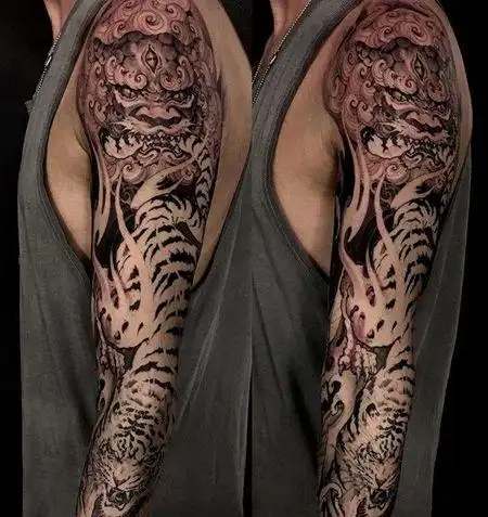 新传统胳膊唐狮老虎纹身图案