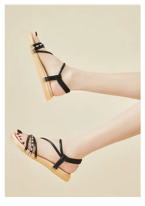 达芙妮2022夏季新款凉鞋女平底低跟仙女风简约一字带软底百搭女鞋黑色