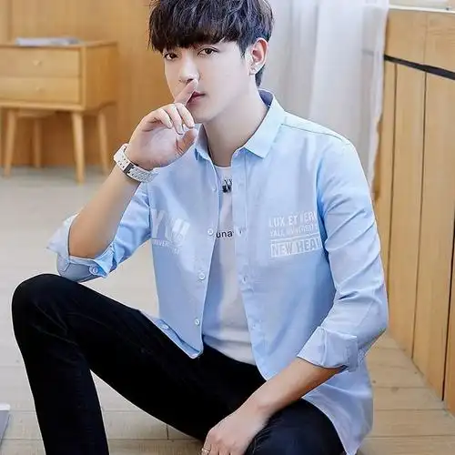 初中高中学生长袖衬衫男休闲外套衬衣青少年秋季帅气大童寸衫薄款威珺