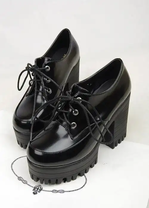 春秋季松糕鞋圆头厚底高跟鞋系带防水台粗跟少女深口单鞋