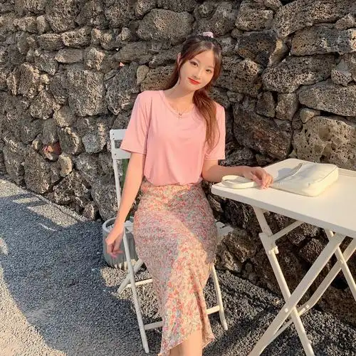 粉色两件套碎花油画风半身裙女夏a字中长款法式显瘦小个子套装裙