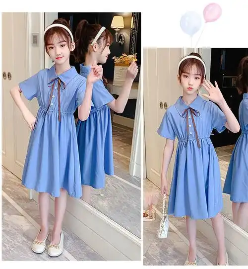 少女纯色连衣裙夏装儿童12岁13女孩初中生日系连衣裙中小学生裙子