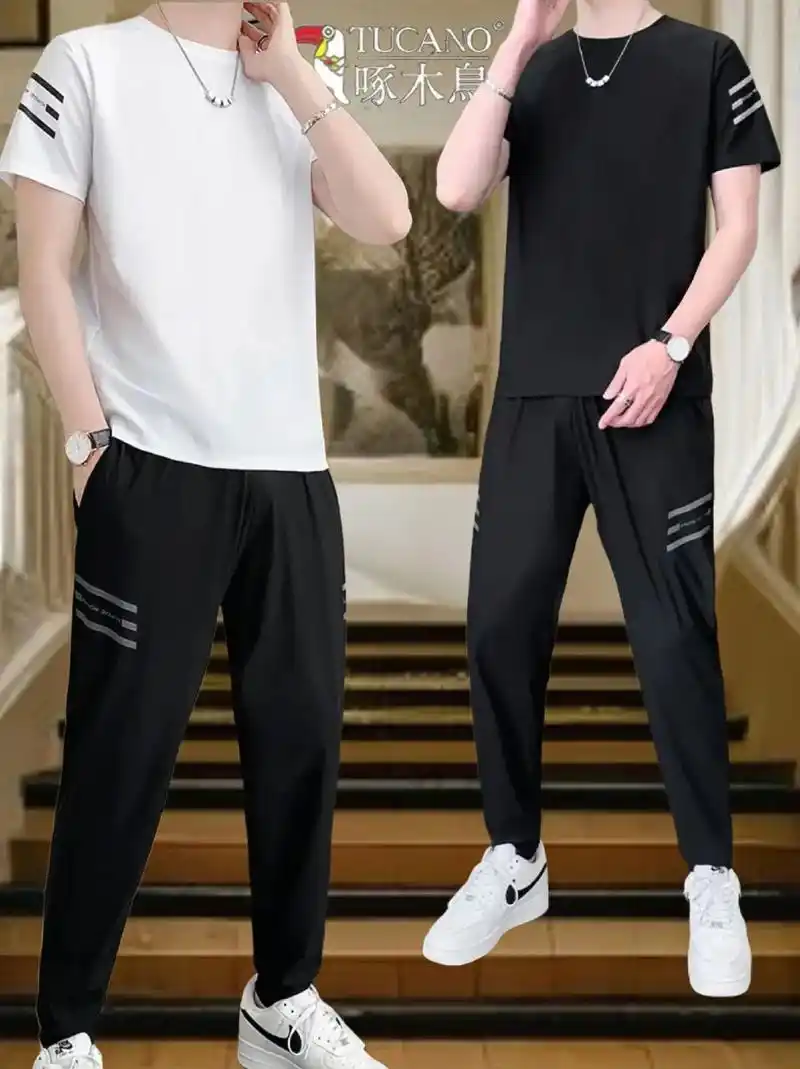 夏季男士三件套装,韩版休闲时尚设计,短袖t恤宽松舒适,真的很百搭!