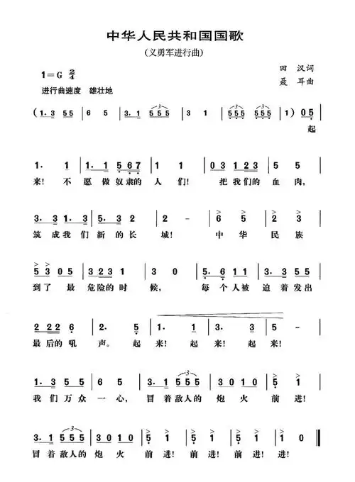 国歌吉他谱 国歌谱子 中国国歌简谱 小学生唱的国歌歌词
