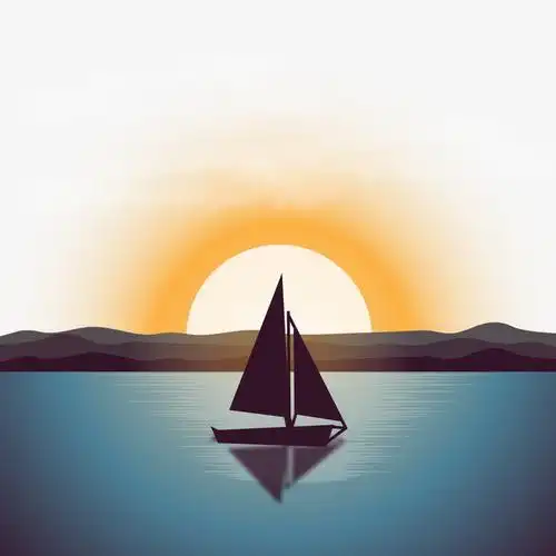 矢量扁平海上日出帆船图