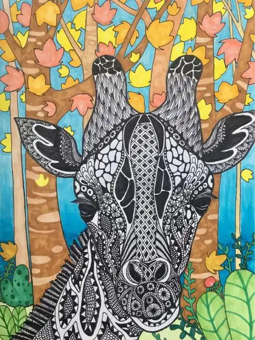 儿童少儿创意美术作品素材分享线描装饰画蜜蜂93,长颈鹿00,猫头鹰