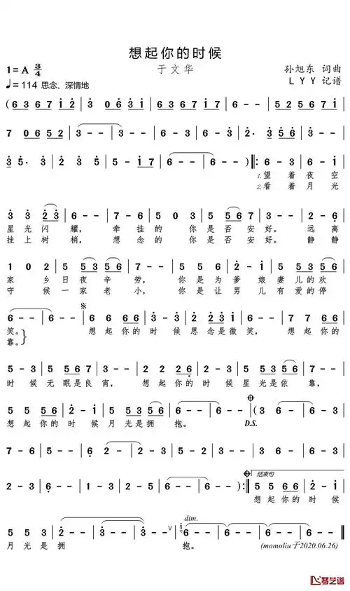 想起你的时候简谱(歌词)-于文华歌曲-lyy曲谱1