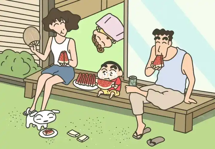 蜡笔小新小新一家吃西瓜ipad版壁纸