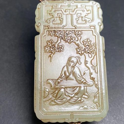 精美和田玉抚琴觅知音子冈牌精雕牌子方牌吊坠挂件复古