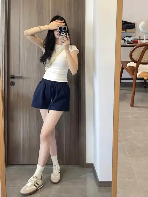 原版质量 藏青色阔腿运动短裤女夏宽松显瘦居家休闲外穿跑步热裤 - 17