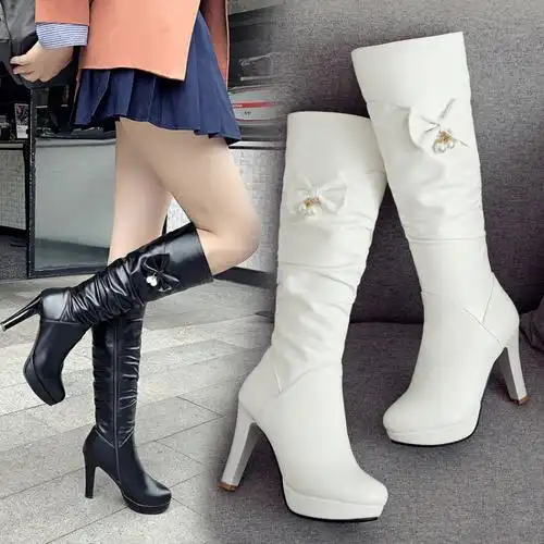 高筒靴女冬加绒拉链白靴子高跟圆头新款防水台秋冬女士中长靴子