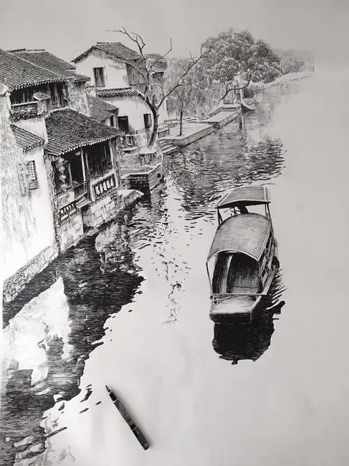 钢笔画江南水乡