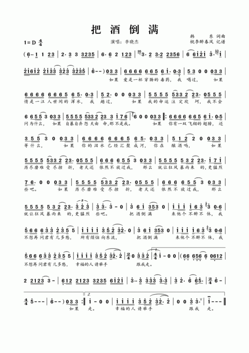 李晓杰-把酒倒满简谱推荐