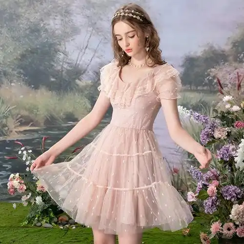 2020夏季新款公主网纱连衣裙蕾丝拼接连衣裙
