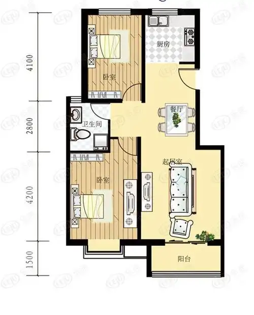 7#b4户型-两室两厅一卫-87平米