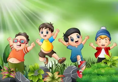 愉快的孩子跳跃和笑与自然场面卡通游乐场在城市景观中设置.