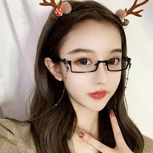 热销下半框眼镜架_下半框眼镜日系网红同款无镜片ins女带链条萌妹装饰