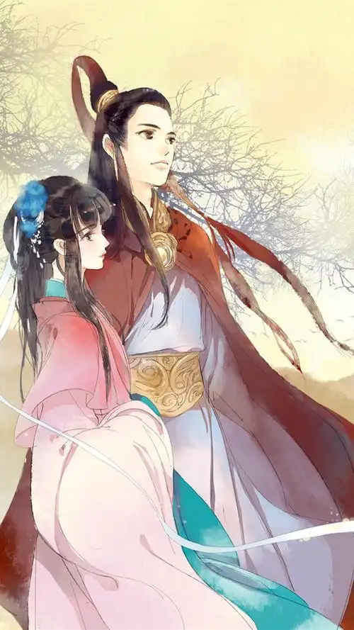 清新唯美古风情侣插画手机壁纸,安静唯美的画面,简简单单的颜色,清新