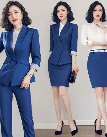 休闲气质职业装西服套装大学生面试小西装正装女士工作服 蓝色4件套 s