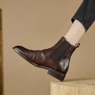 戴丽格秋冬女鞋法式复古切尔西靴女秋冬款圆头小短靴平底做旧褶皱马丁