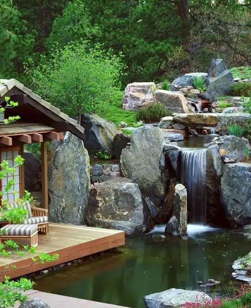 中式庭院设计假山鱼池效果图
