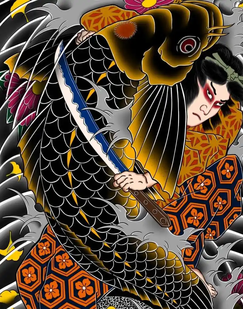 日式满背纹身手稿 鬼若丸杀鲤 耗时三十小时 板绘 软件sai