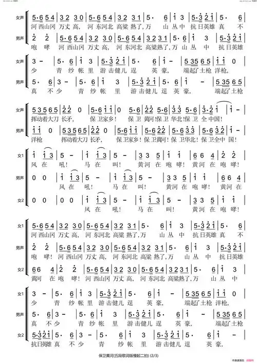 保卫黄河阳东老干合唱团改编简谱1