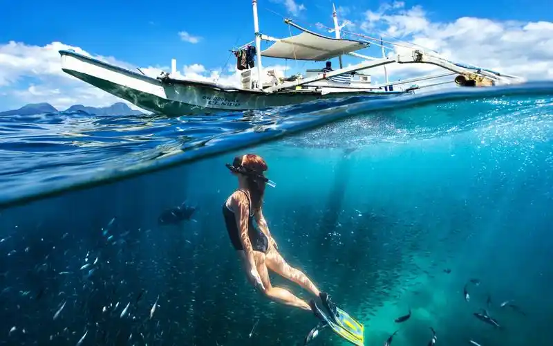 潜水女孩,水下,船,海